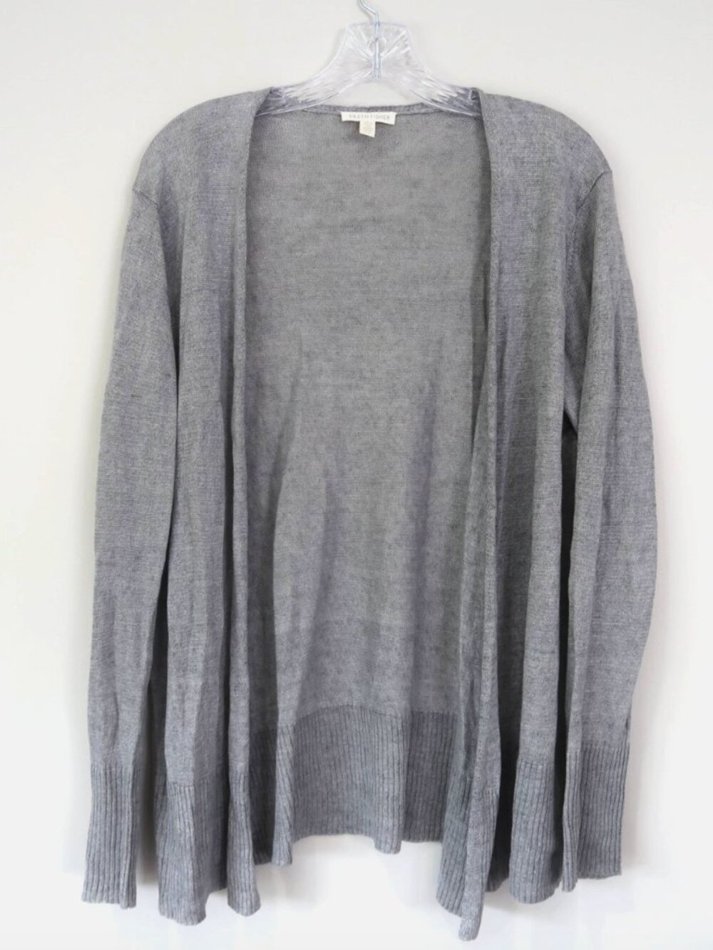 Eileen Fisher 100% LINEN Cardigan Size L  Heathered Gray Open Front Long Sleeve